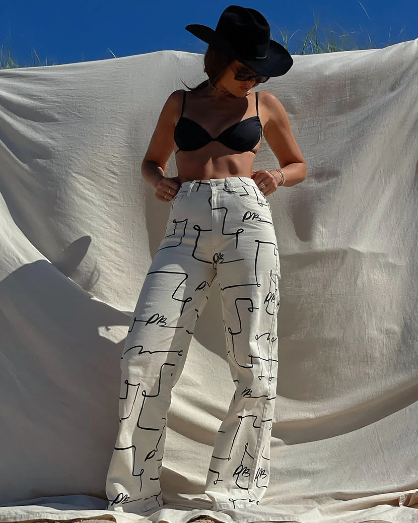 High Rise Wide Leg Scribble Stretch Denim Jean | Unbleached - Image 3