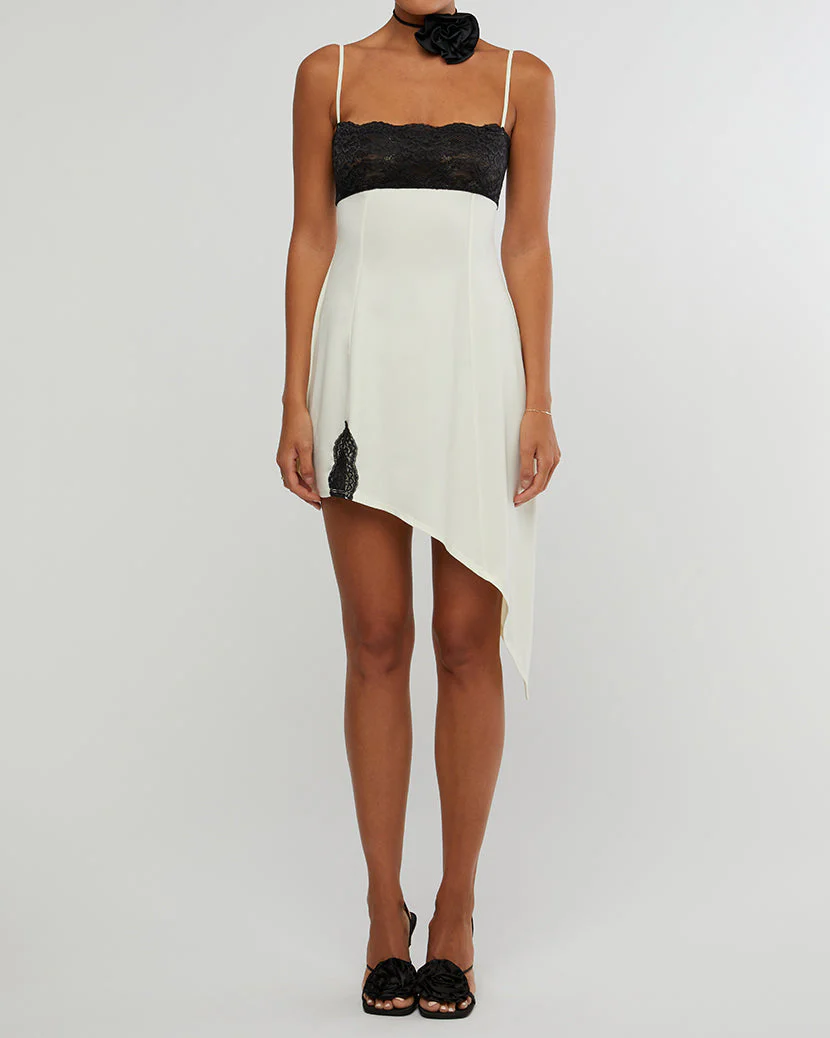 Lace Asymmetrical Slip Dress | Ecru x Black - Image 6