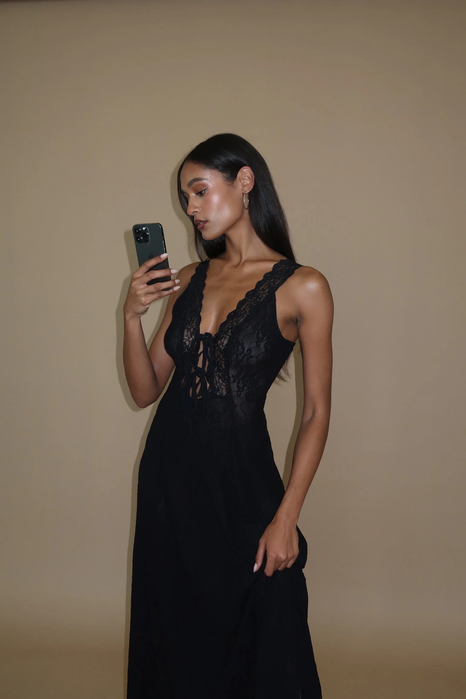 Lace Tie Front Midi Dress | Black - Image 3