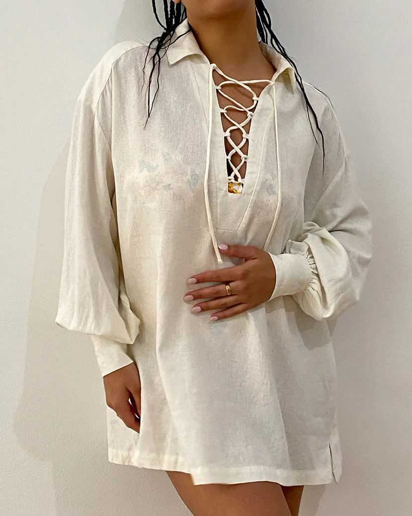 Lace-Up Linen Caftan | Off White - Image 2