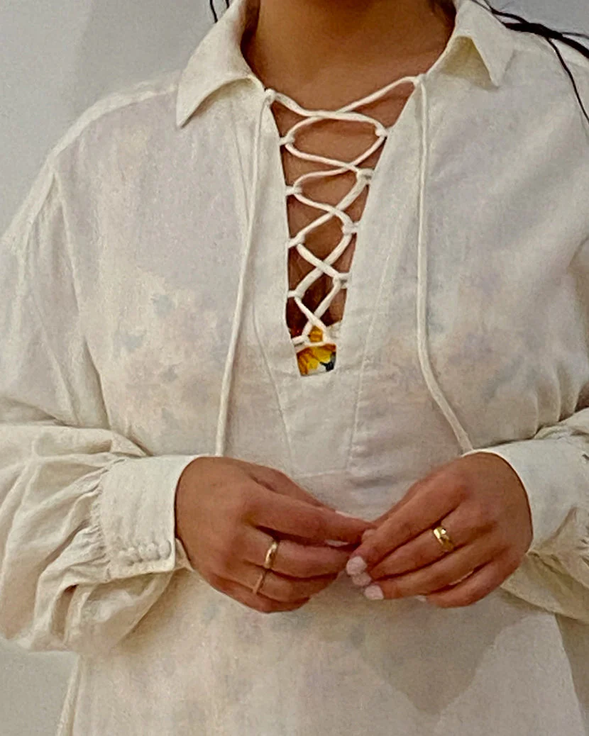 Lace-Up Linen Caftan | Off White - Image 4
