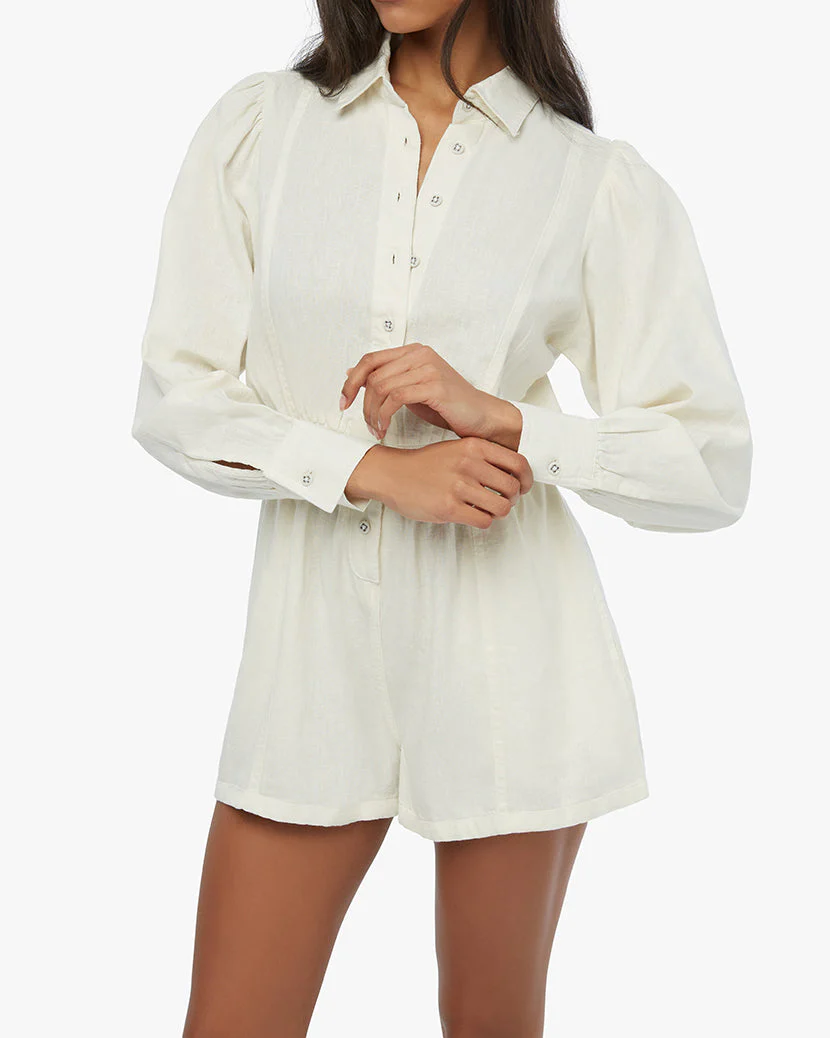 Linen Button Up Romper | White