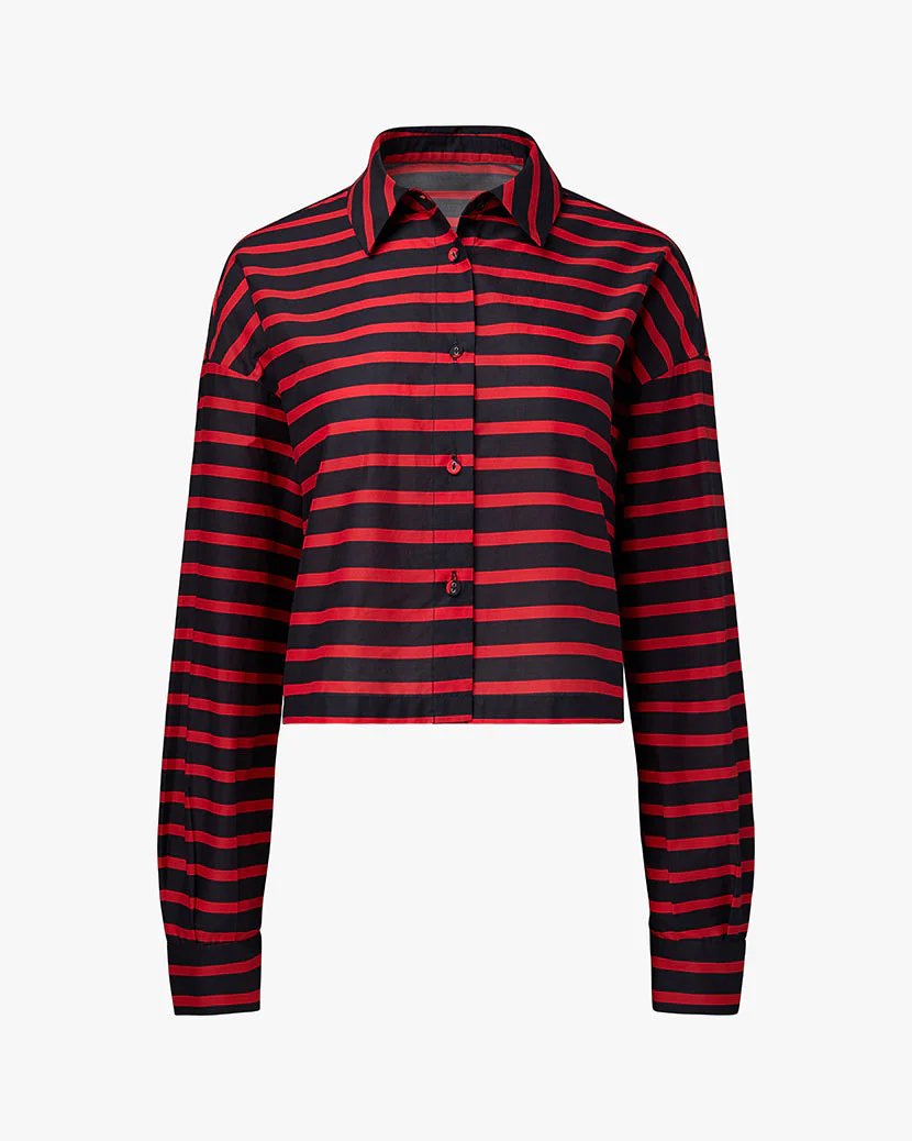 Long Sleeve Crop Button Down Shirt | True Red x Dark Navy - Image 2
