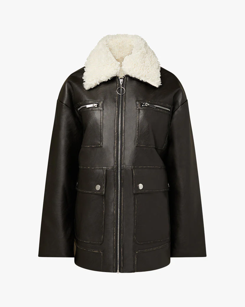 Long Vegan Leather Sherpa Collar Jacket | Grey Patina - Image 2