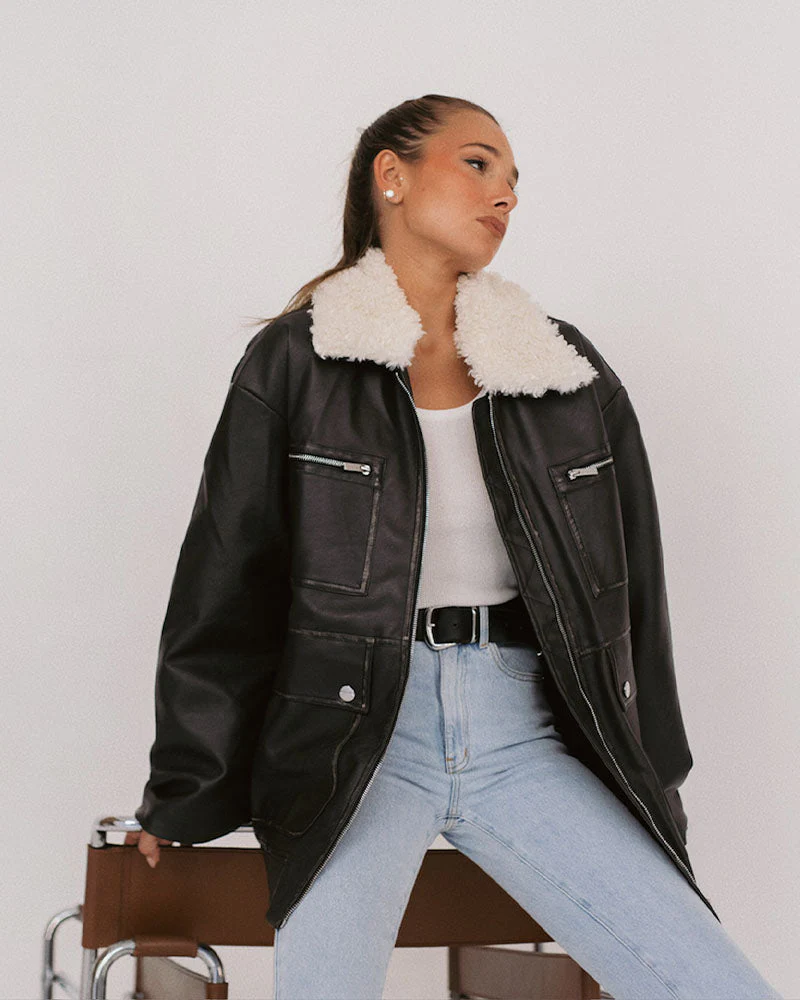 Long Vegan Leather Sherpa Collar Jacket | Grey Patina - Image 3