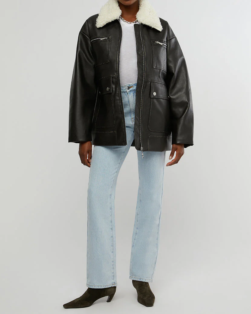 Long Vegan Leather Sherpa Collar Jacket | Grey Patina - Image 4