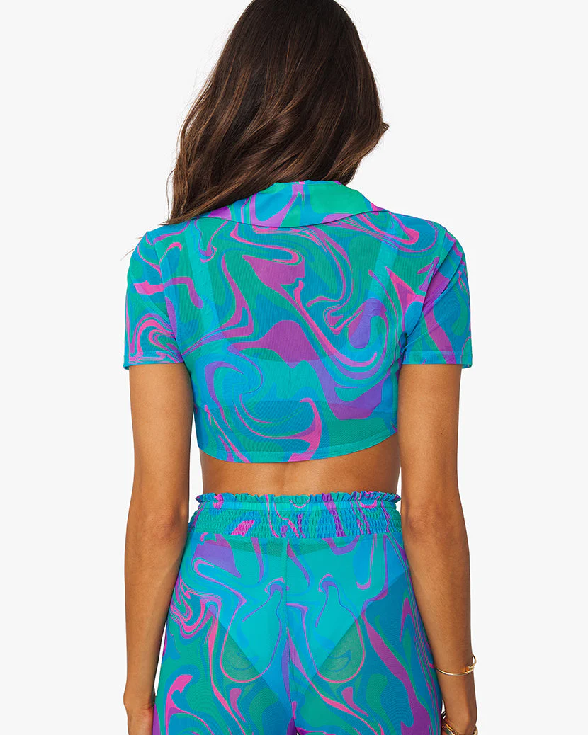 Mesh Paradise Marble Tie-Front Top | Ocean Blue - Image 5