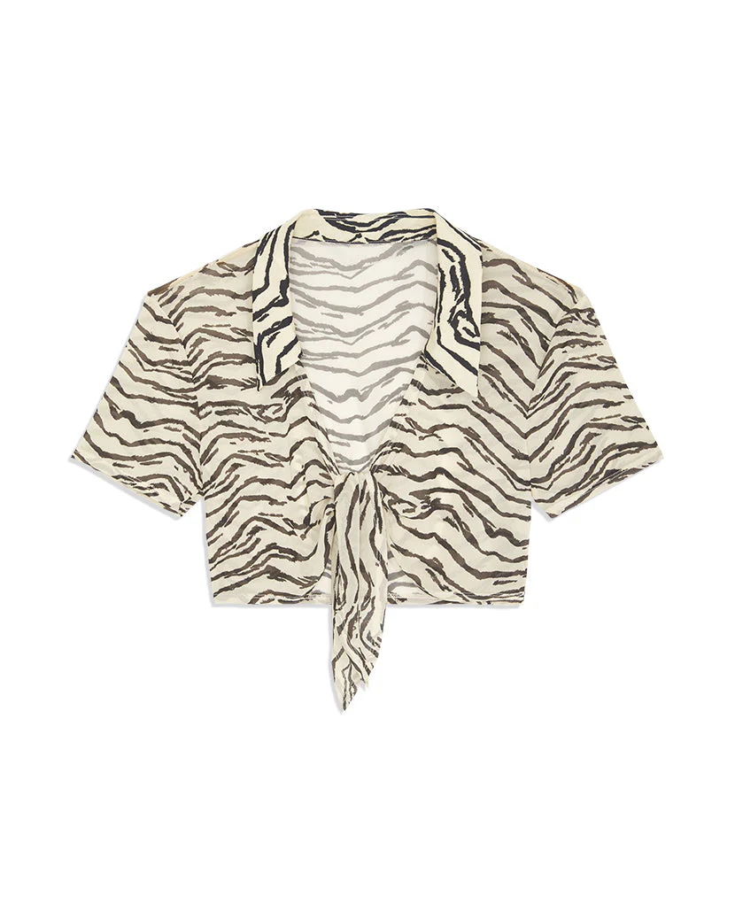 Mesh Tiger Tie-Front Top | Off White