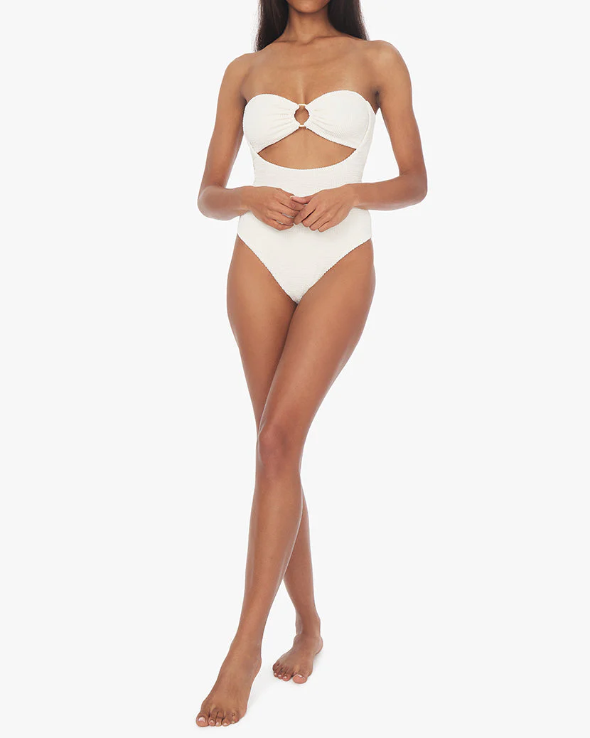 O-Ring Spongie Seersucker Ruched Bandeau One Piece | Off White - Image 4
