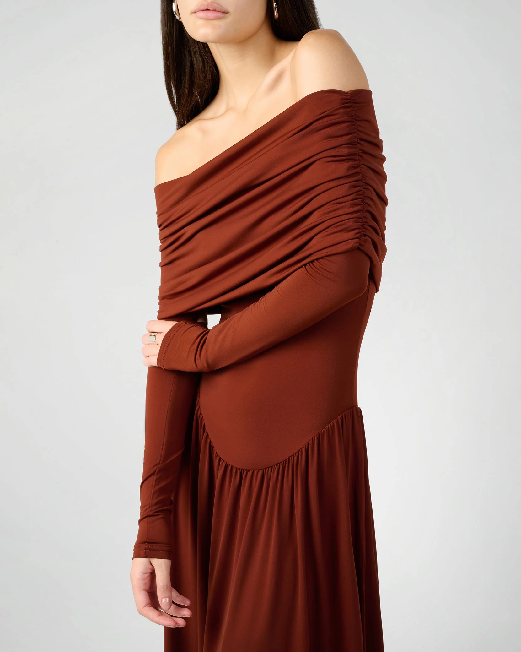 Off Shoulder Ruched Midi Dress | Burgundy - Image 5