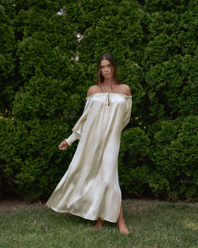 Off Shoulder Silky Maxi Dress | Ecru - Image 3