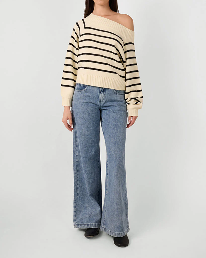 Off Shoulder Sweater | Black x Antique White (V2) - Image 3