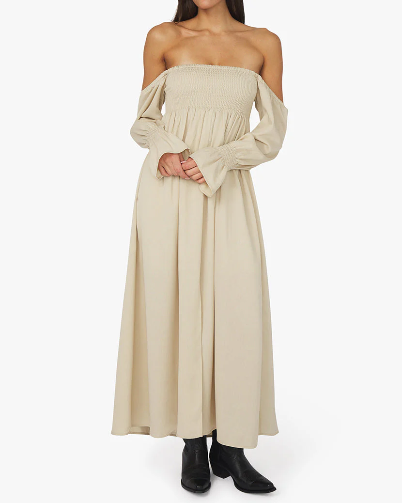 On/Off Shoulder Crinkled Chiffon Smocked Dress | Creme Brulee
