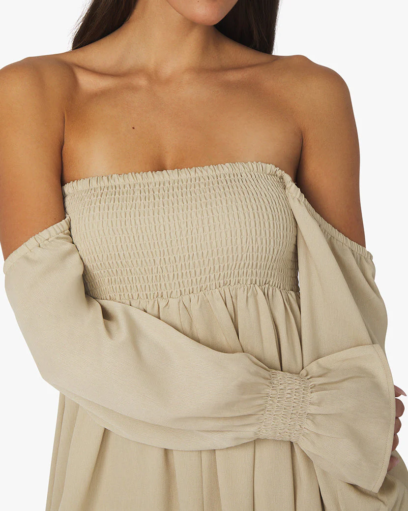 On/Off Shoulder Crinkled Chiffon Smocked Dress | Creme Brulee - Image 4