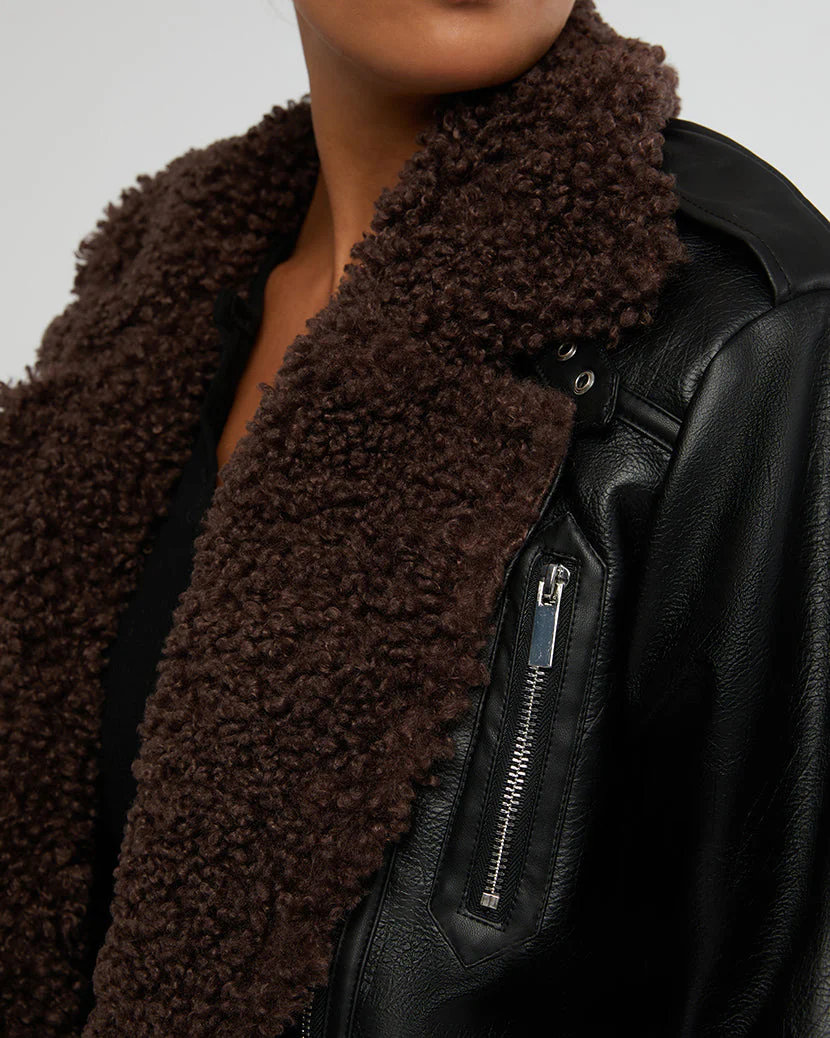 Oversized Faux Sherpa Moto Jacket | Black x Umber - Image 5