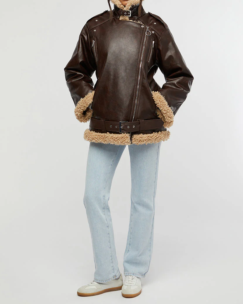 Oversized Faux Sherpa Moto Jacket | Dark Patina - Image 5