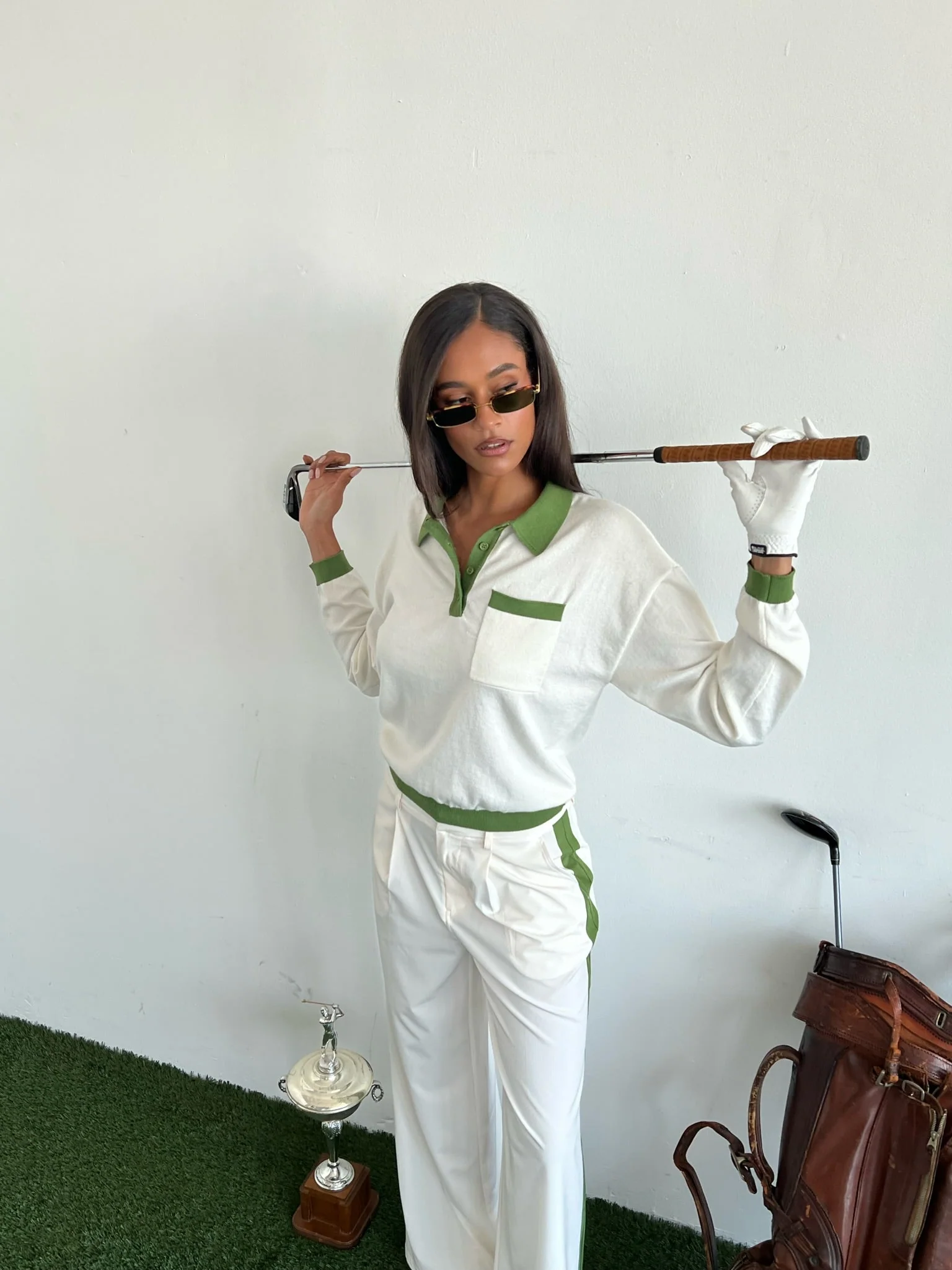 Oversized Long Sleeve Polo | Off White x Grass Green - Image 3