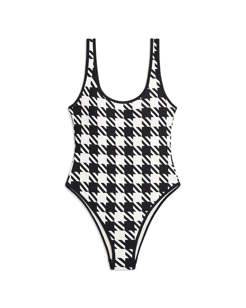 Piped Oversized Houndstooth Scoop One Piece | Black White