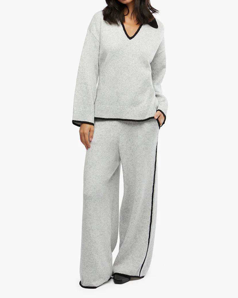 Piped Wide Leg Pull On Pant | Heather Gray x Black - Image 4