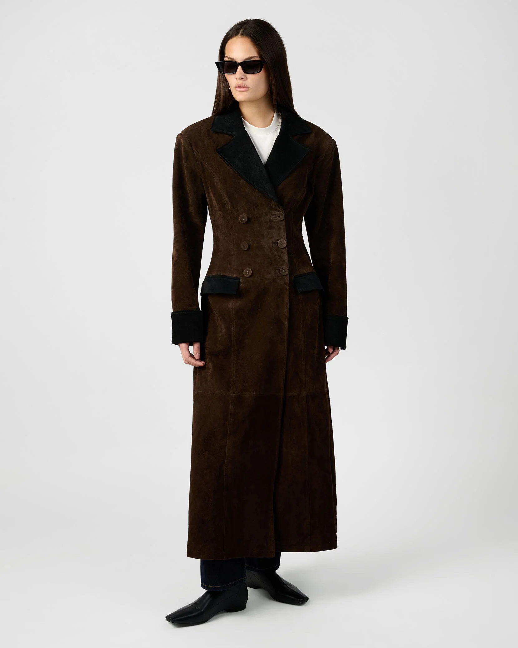 Premium Double Breasted Suede Coat | Chocolate Brown x Black - Image 2