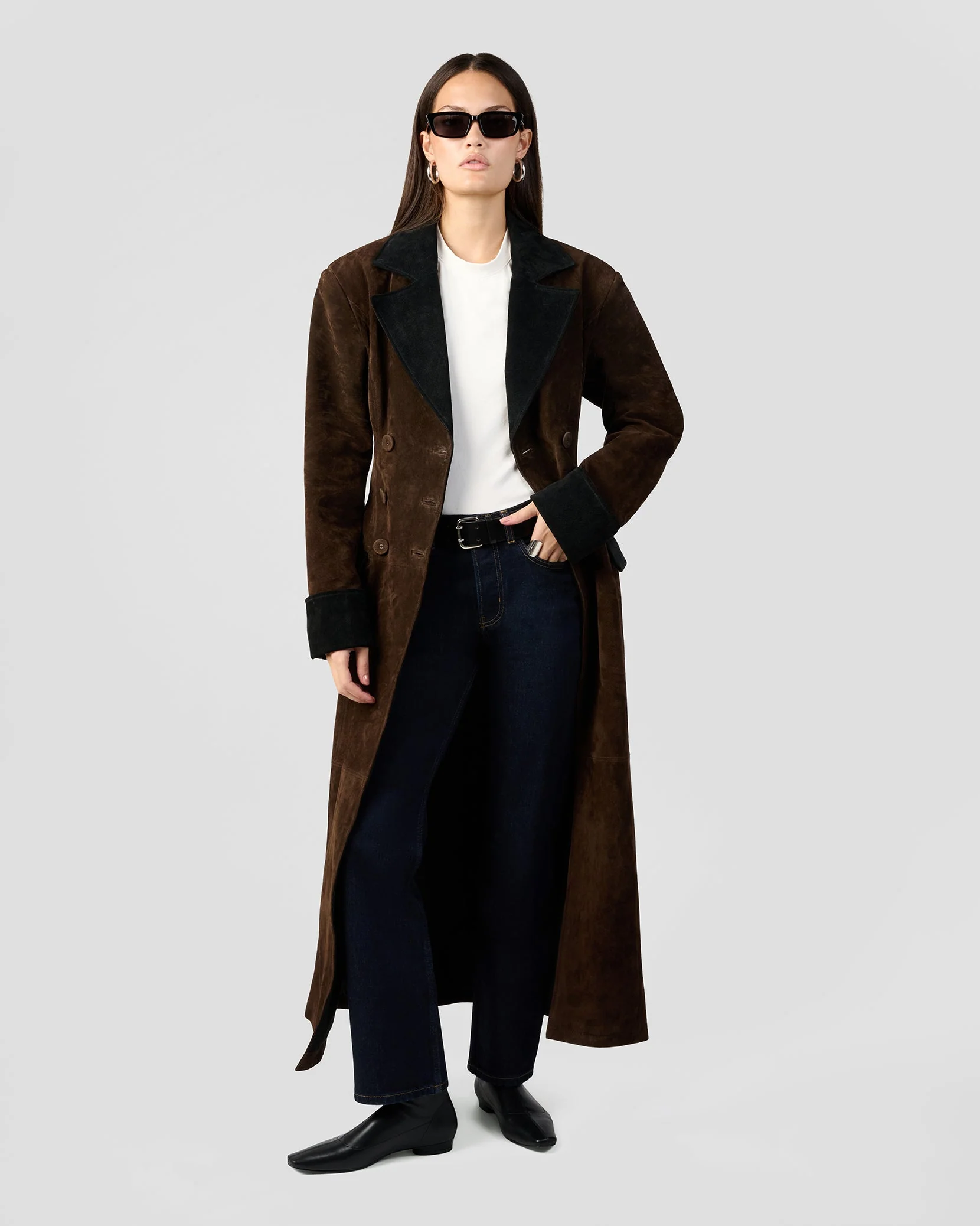 Premium Double Breasted Suede Coat | Chocolate Brown x Black - Image 4