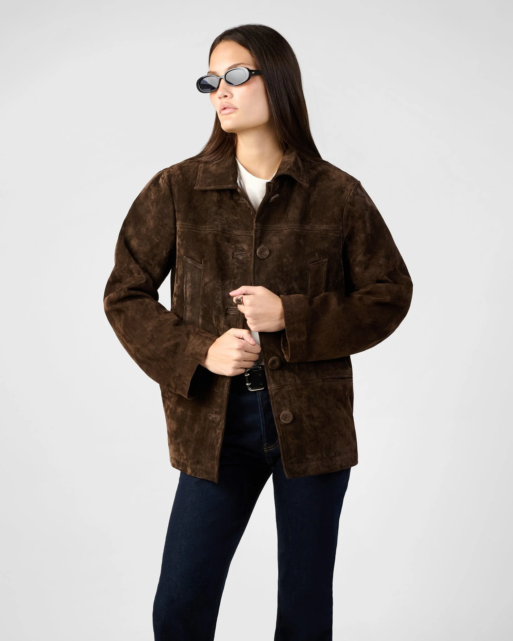 Premium Suede Button Front Jacket | Chocolate Brown - Image 2