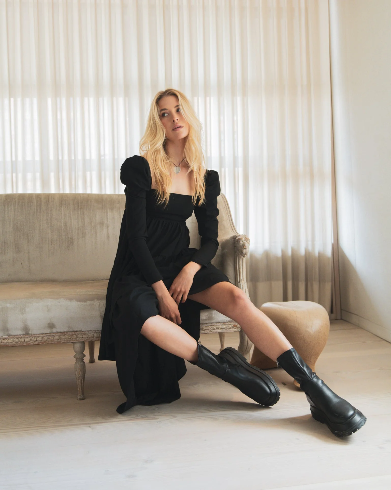 Puff Sleeve Asymmetrical Tiered Crepe Dress | Black - Image 3