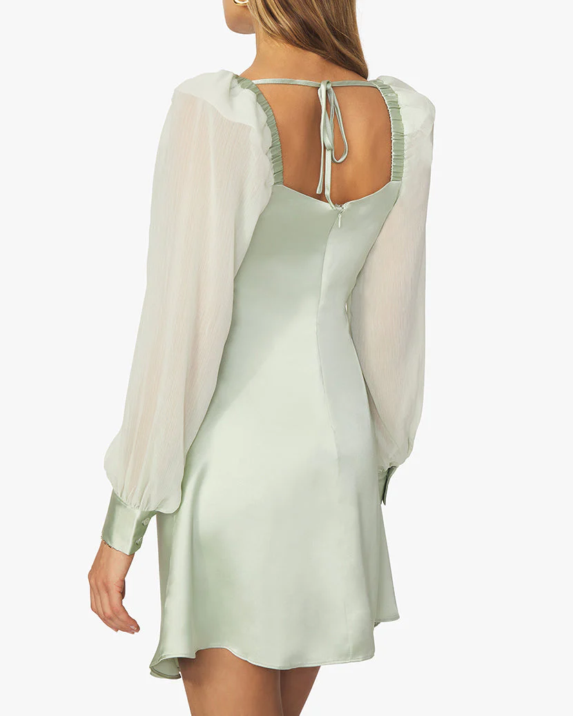 Puff Sleeve Crinkle Chiffon Cowl Dress | Fog Green - Image 4