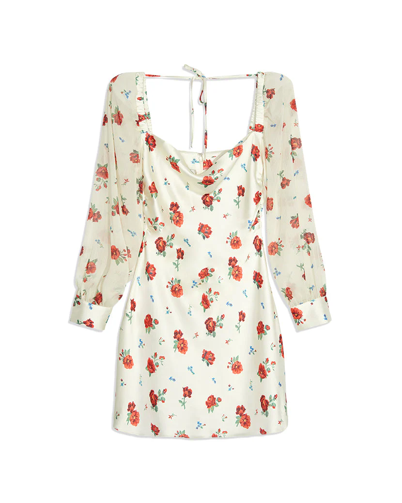 Puff Sleeve Cross Stitch Floral Cowl Dress | Optic White - Image 2