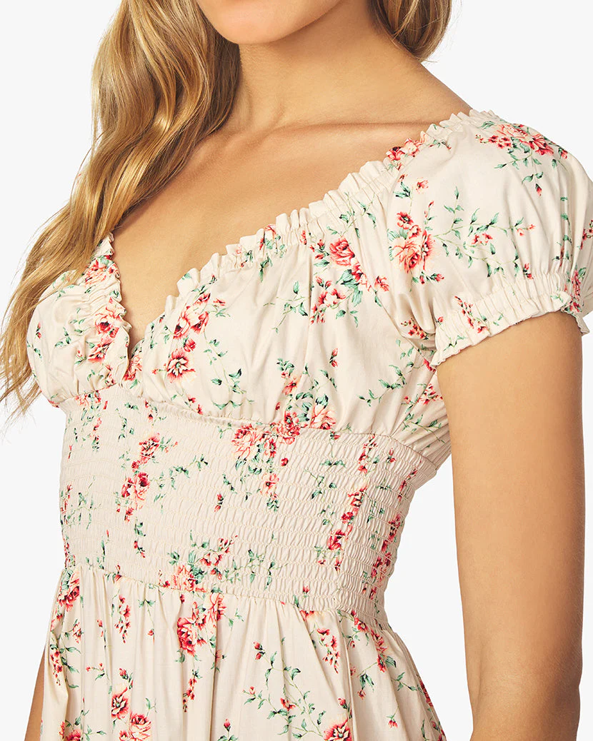 Puff Sleeve Dainty Floral Smocked Midi Dress | Almond Milk - Image 5