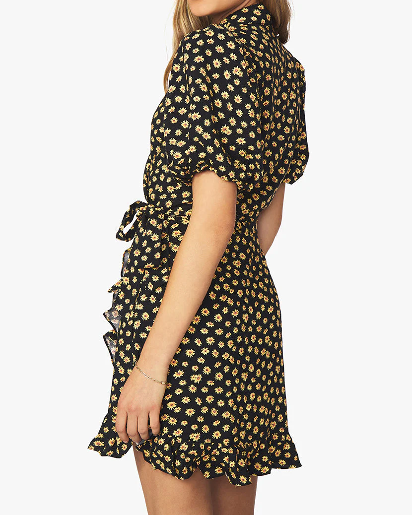 Puff Sleeve Ditsy Daisies Wrap Dress | Black - Image 4