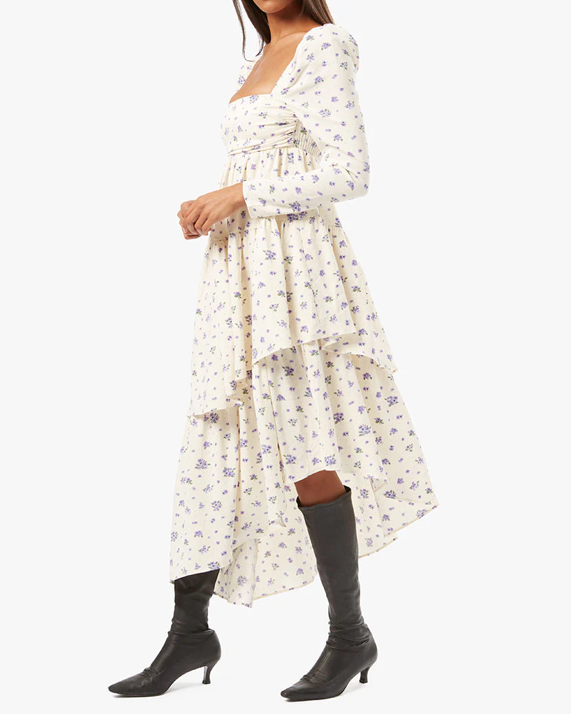 Puff Sleeve Polka Dot Floral Asymmetrical Tiered Dress | Ivory
