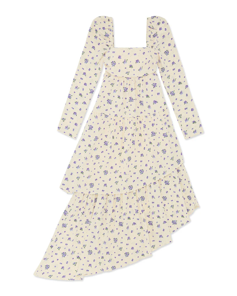 Puff Sleeve Polka Dot Floral Asymmetrical Tiered Dress | Ivory - Image 2