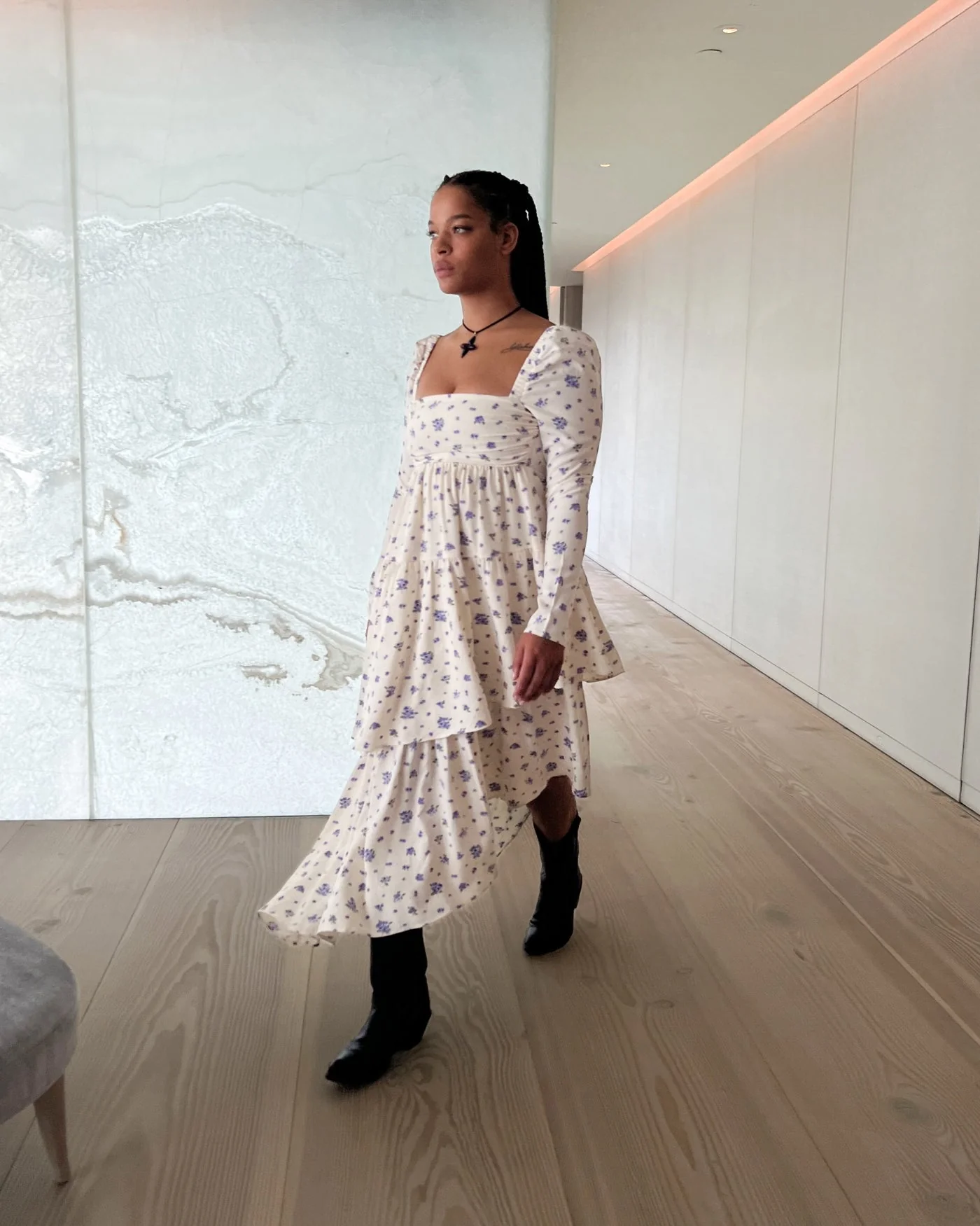 Puff Sleeve Polka Dot Floral Asymmetrical Tiered Dress | Ivory - Image 3