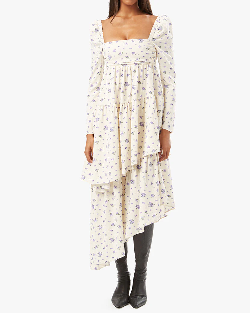 Puff Sleeve Polka Dot Floral Asymmetrical Tiered Dress | Ivory - Image 4
