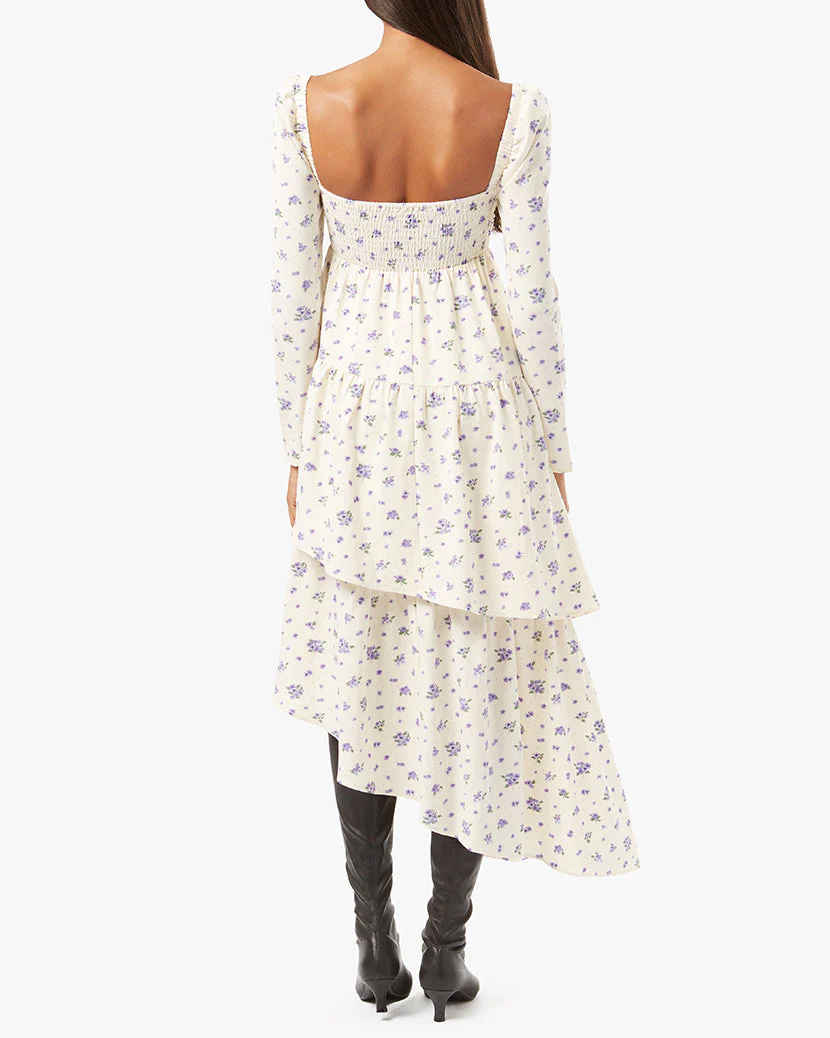 Puff Sleeve Polka Dot Floral Asymmetrical Tiered Dress | Ivory - Image 5