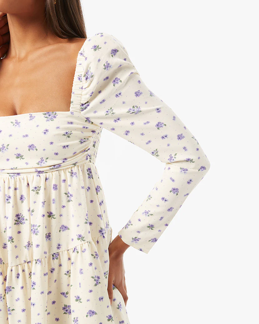 Puff Sleeve Polka Dot Floral Asymmetrical Tiered Dress | Ivory - Image 6