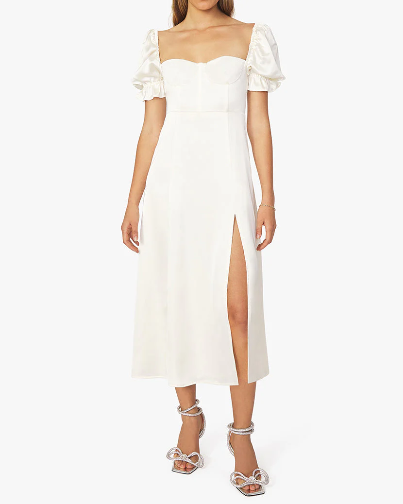 Puff Sleeve Satin Charmeuse Midi Dress | Whisper White