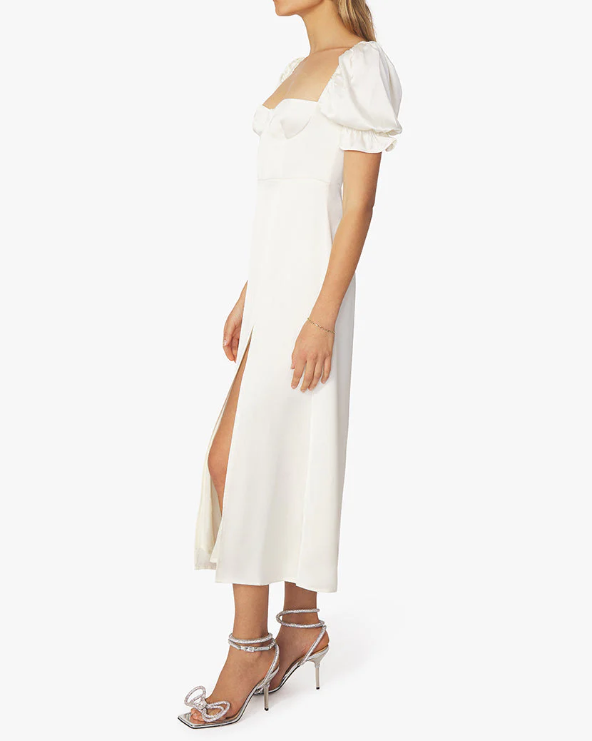Puff Sleeve Satin Charmeuse Midi Dress | Whisper White - Image 5