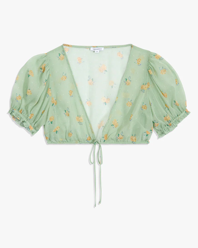 Puff Sleeve Sheer Top | Polka Dot Floral Sea Green - Image 3