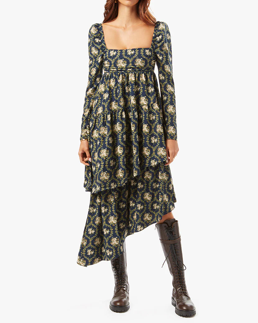Puff Sleeve Victorian Floral Asymmetrical Tiered Dress | French Navy