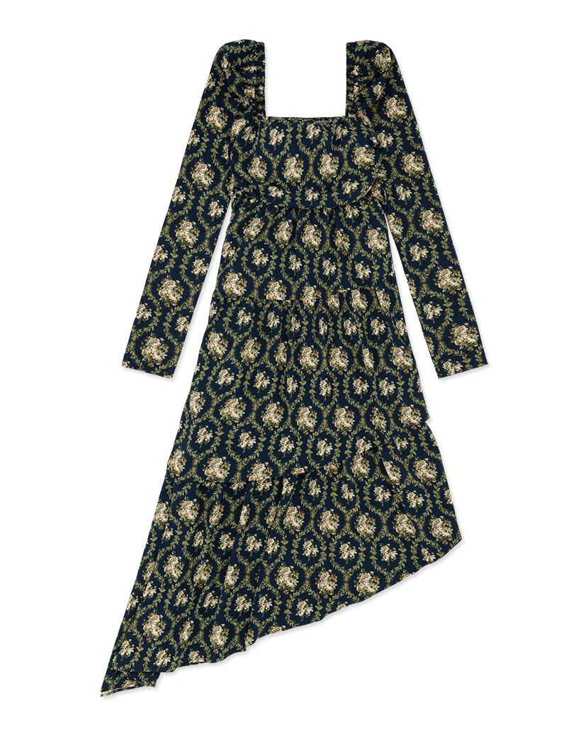Puff Sleeve Victorian Floral Asymmetrical Tiered Dress | French Navy - Image 2