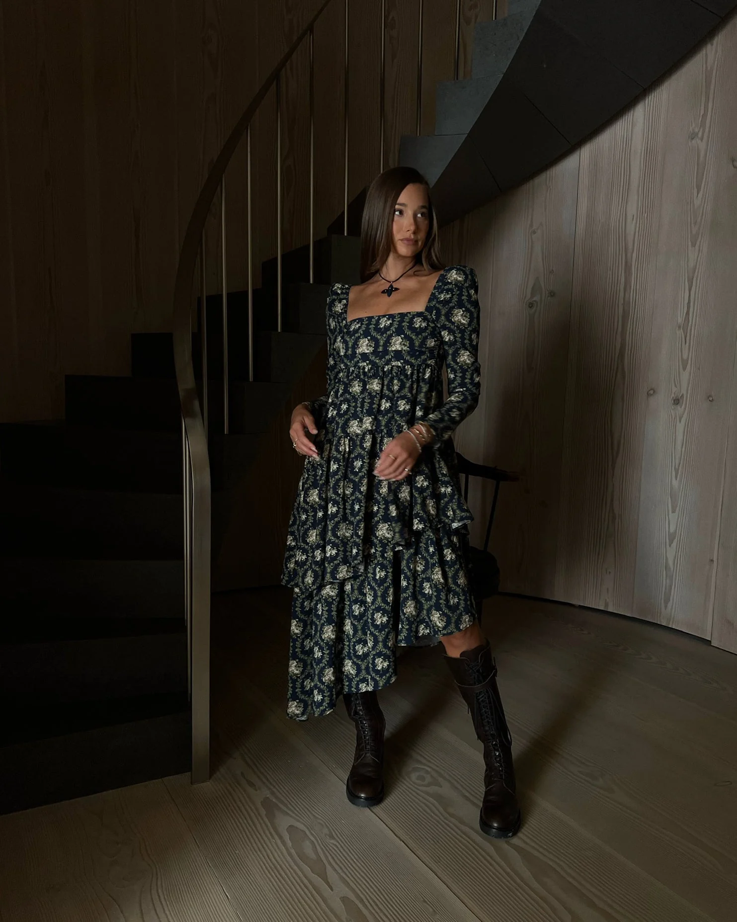 Puff Sleeve Victorian Floral Asymmetrical Tiered Dress | French Navy - Image 3