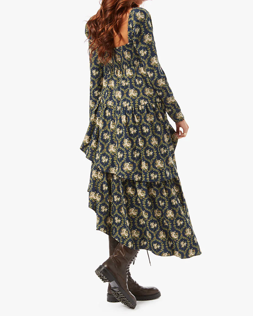 Puff Sleeve Victorian Floral Asymmetrical Tiered Dress | French Navy - Image 4