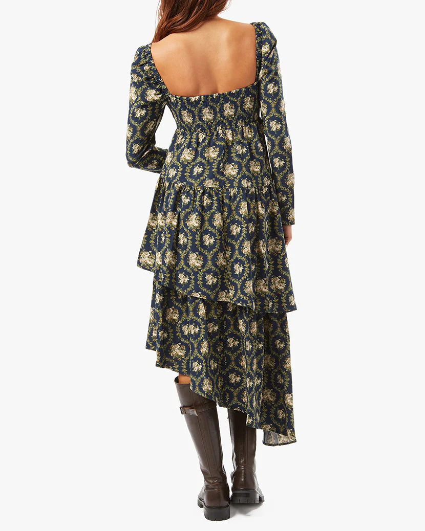 Puff Sleeve Victorian Floral Asymmetrical Tiered Dress | French Navy - Image 5