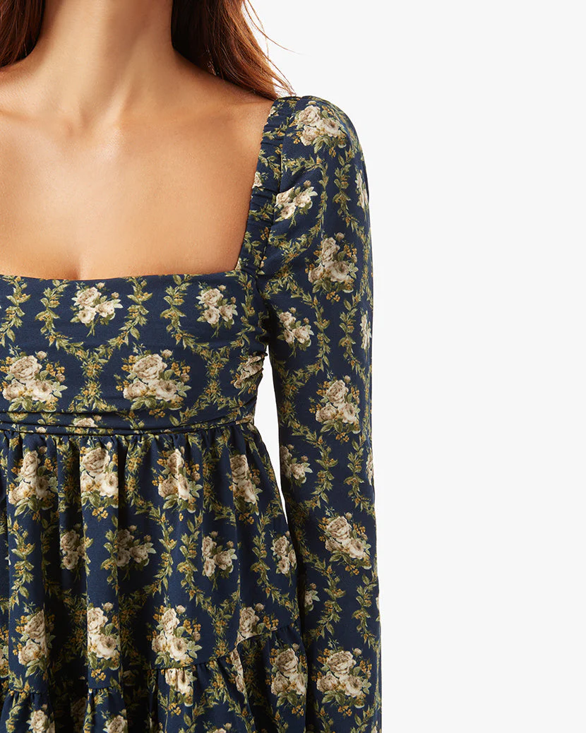Puff Sleeve Victorian Floral Asymmetrical Tiered Dress | French Navy - Image 6