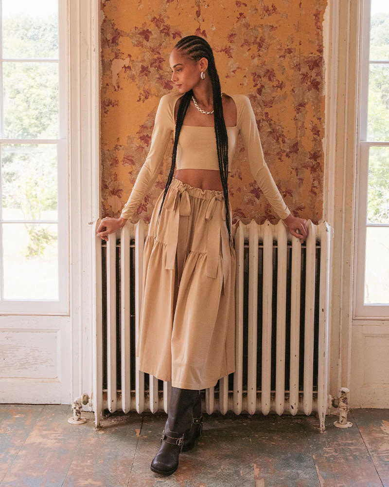 Pull On Poplin Midi Skirt | Beige - Image 3