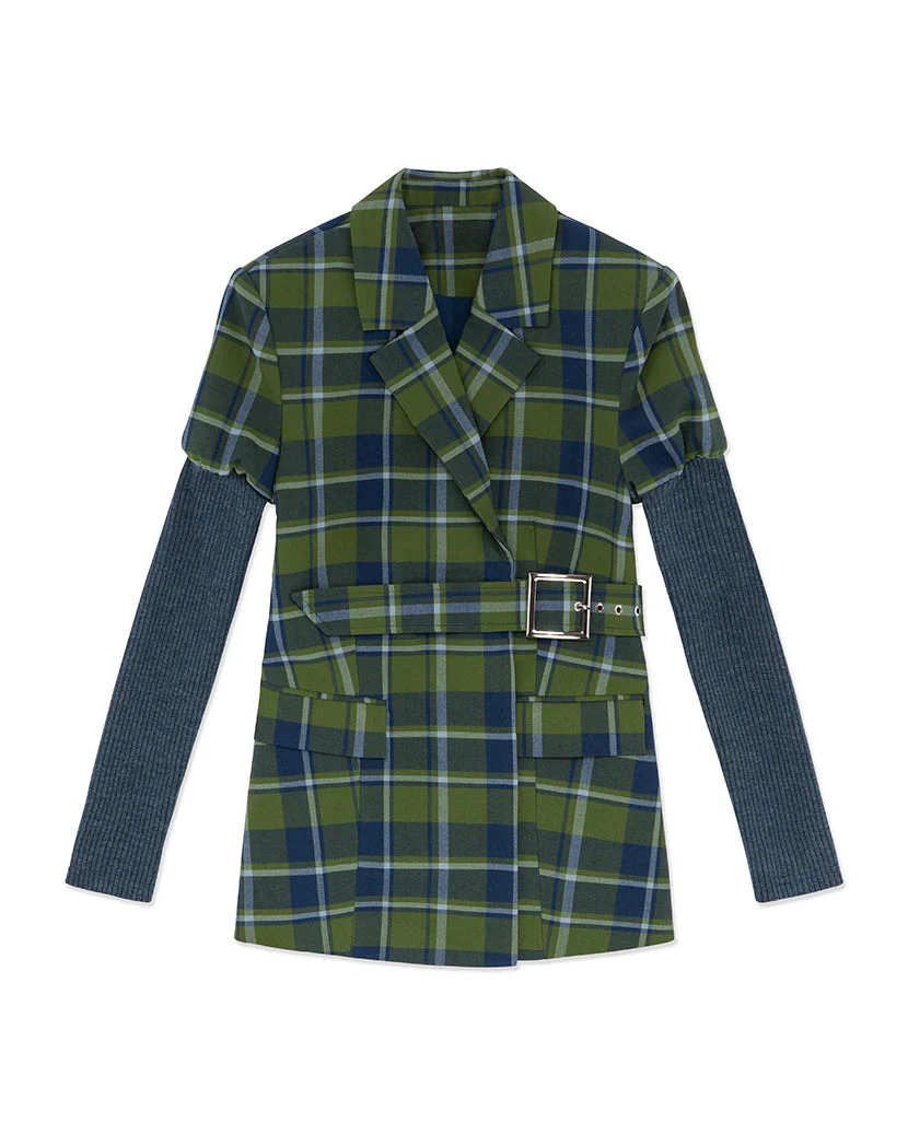 Rib Sleeve Classic Plaid Blazer | Basil French Navy - Image 2