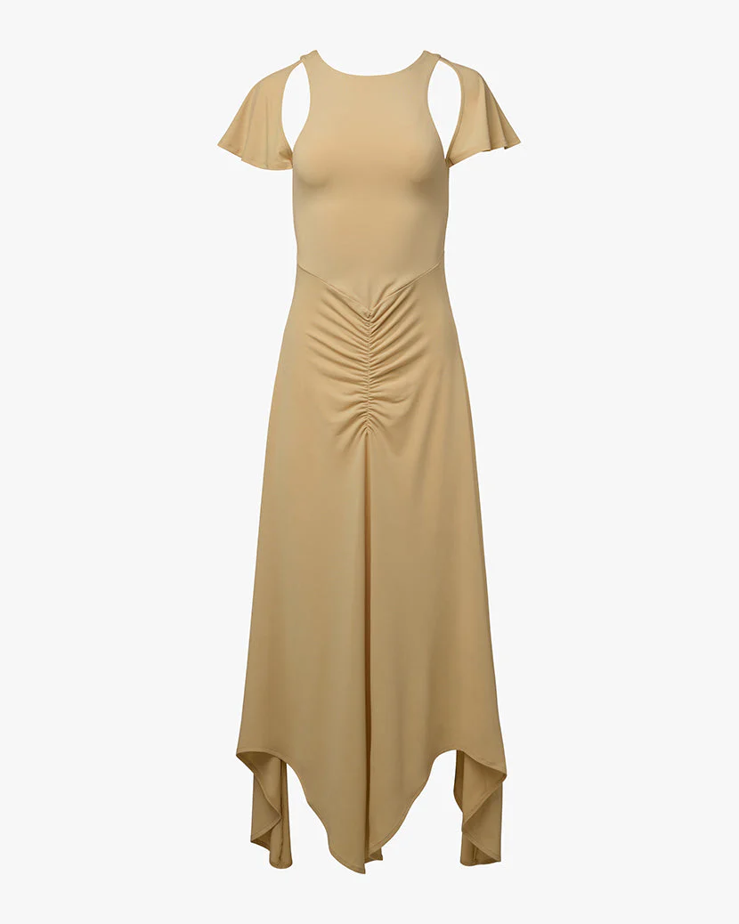 Ruched Cut Out Asymmetrical Midi Dress | Wheat - Image 2