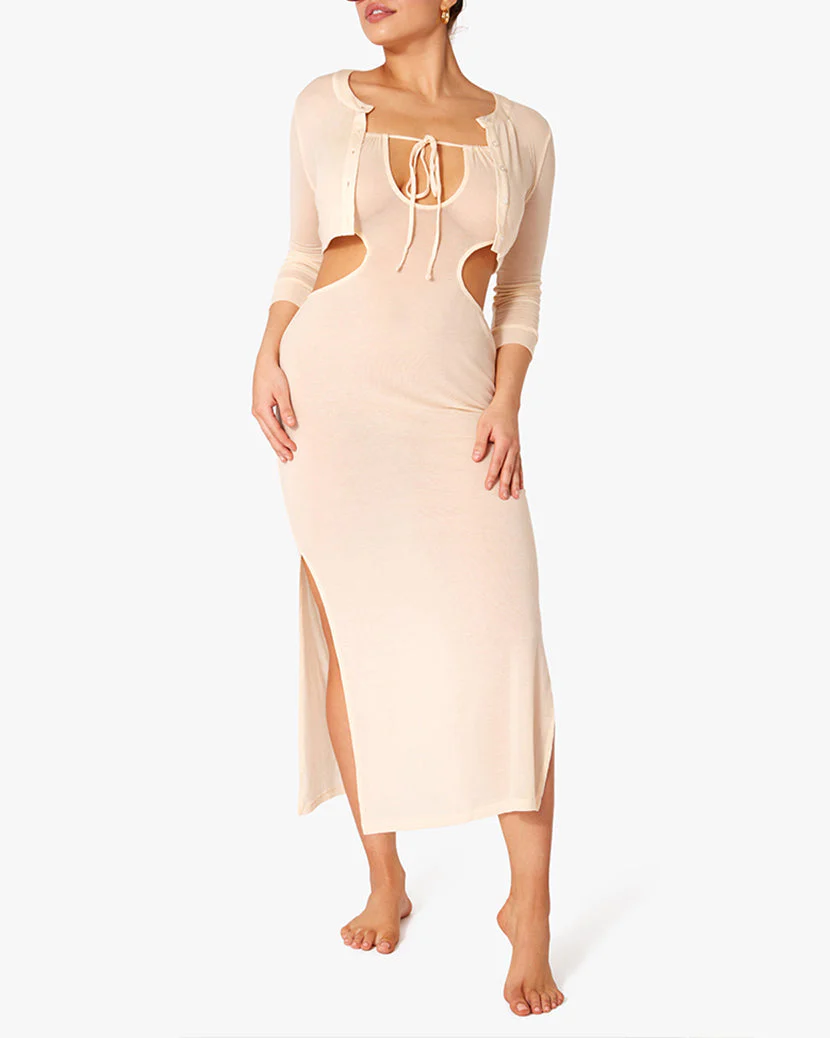 Ruched Cutout Maxi Dress | Beige - Image 3